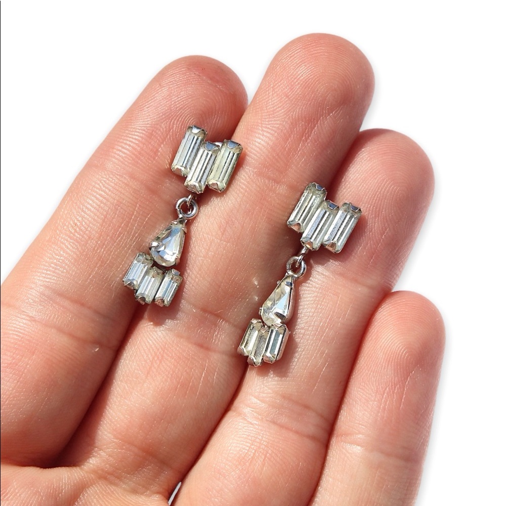 Vintage Sterling Silver Baguette Rhinestone Screw Back Dangle Earrings Clip On
